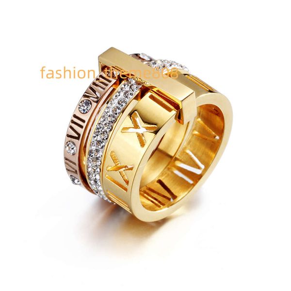 Anillos de joyería de moda de moissanita gruesa, números romanos de oro 3 en 1, circonita cúbica de acero inoxidable 2023, mujeres de lujo 18K 44334