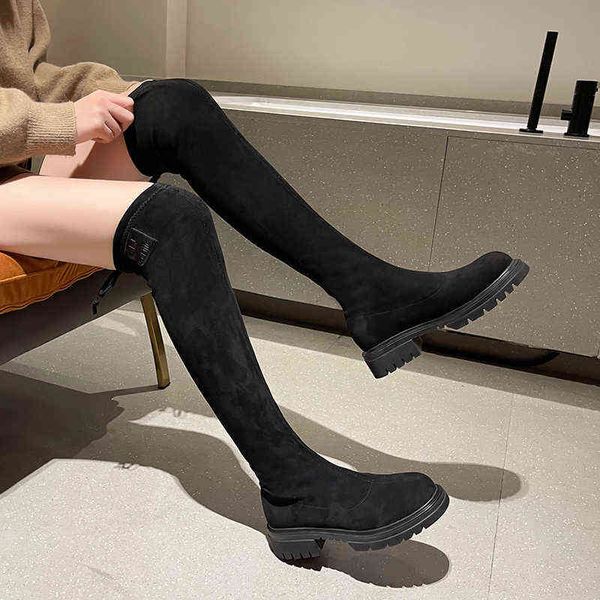 Botas altas gruesas por encima de la rodilla, botas para mujer, novedad de 2021, zapatos de invierno para mujer, zapatos de tacón de ante, botas Chelsea de diseñador para motocicleta para mujer Y220707