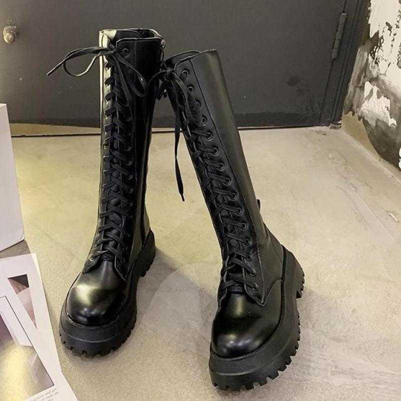 Chunky Platform Pu Leather Knee High Boots Women Punk Increasing Long Woman Lace Up Booties Mujer 2021 Zip Chelsea Women Shoes Y0910