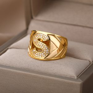 Chunky Brede Holle Letter Ringen Voor Vrouwen Zirkoon Verstelbare Goud Kleur Opening Ring Initialen Alfabet Vrouwelijke Partij Sieraden