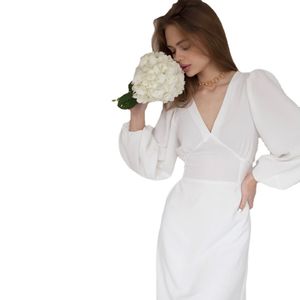 Churses Casual V-hals Puff Sleeve Lange jurk Herfst Hoge Taille Elegante Vintage Party Jurken voor Dames 2021 Nieuwe Collectie