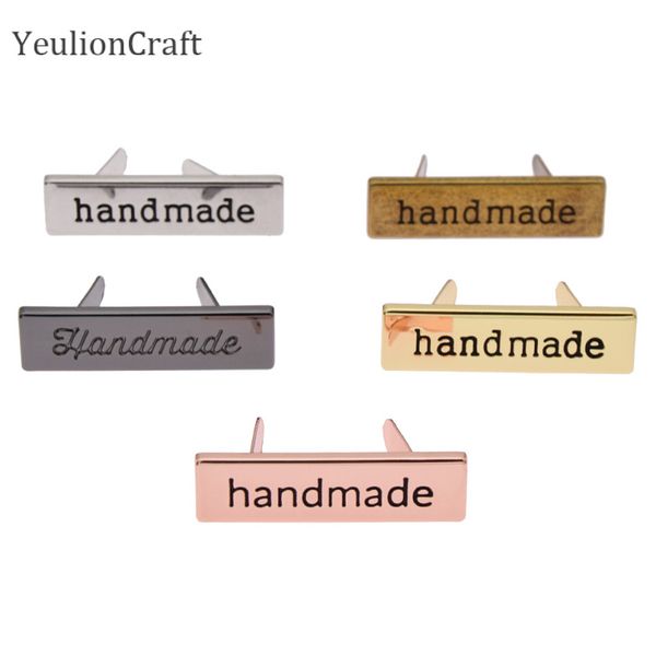 Chzimade 10 unids/lote etiquetas de ropa hechas a mano de Metal de Color dorado y plateado etiquetas para bolsos hechas a mano con letras impresas etiquetas para costura Diy