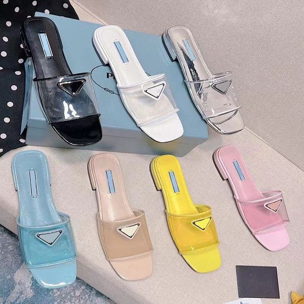 Ciabatte Hyaline Clear PVC Zapatillas Diapositivas Sandalias de tacón Tacones planos punta abierta Diseñadores de lujo para mujeres suela de cuero Casual Moda zapatos calzado de fábrica