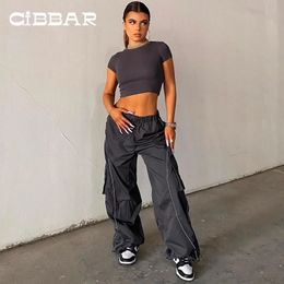 CIBBAR Pantalones deportivos holgados de cintura baja, pantalones informales con bolsillos de retales, pantalones Cargo con cordón, pantalones de chándal grises a la moda para mujer 240222