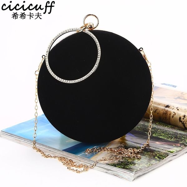 CICICUFF Nouvelle main ronde circulaire forme soirée pochette femmes doux velours chaîne épaule sacs de messager classique noir 210302