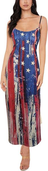 CICOCI Maxi Robe pour Femme avec Poches Patriotique Drapeau Américain Robe Rayée Bretelles Robe 4 Juillet Fête de l'Indépendance