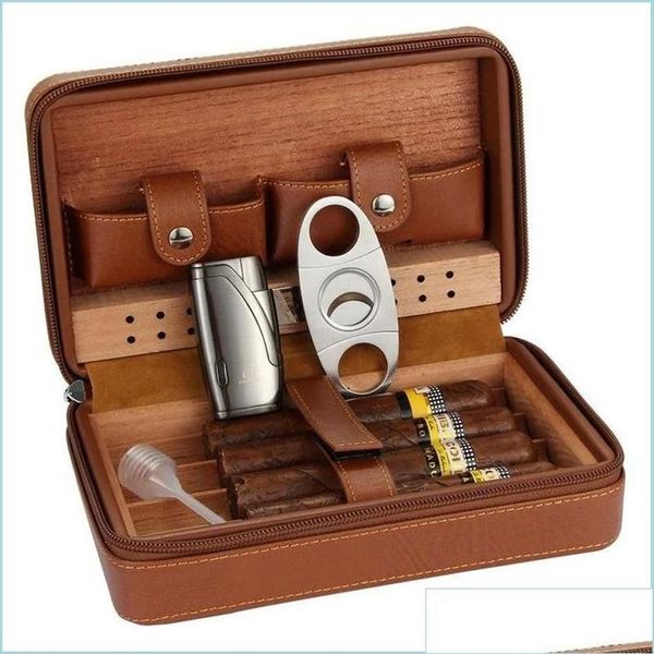 Cigar Accessories Accessoires pour cigares Cave à cigares portative en bois de cèdre étui de voyage en cuir 4 boîte à cigares humidificateurs de stockage humidificateur 255l