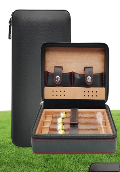 Accessoires de cigares portables en bois cèdre cigare humimière en cuir en cuir en cuir cigare 4 cigares rangement humidificateurs accessoires 6180853