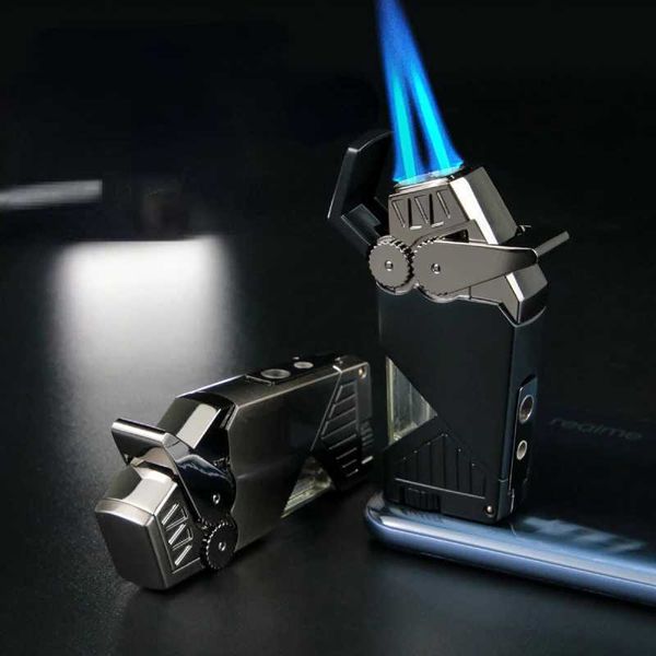 Briquet à cigares à double flamme, haute puissance, en métal, coupe-vent, Butane, sans trou de gaz, outil de coupe, cadeau pour hommes