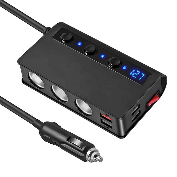 Adaptador para encendedor de cigarrillos, cargador de coche de 180W, 12V, 24V, divisor de salida de CC de 3 enchufes para coches con 3 puertos USB, 1 puerto tipo C 263g