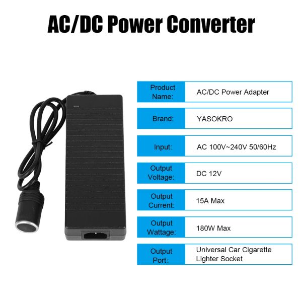 Convertidor de encendedor de cigarrillos EU US UK Plug 110V/ 220V a 12V 15A Adaptador de potencia AC/ DC Convertir suministro encendedor