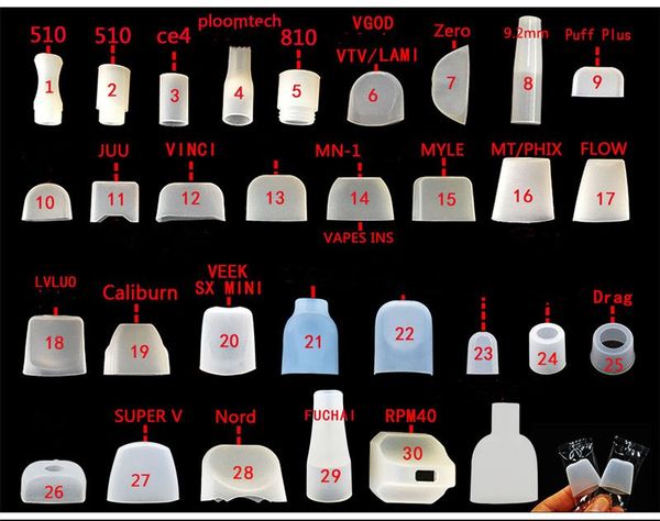 Bouche de cigarette couvercle supérieur goutte à goutte capuchon en silicone testeur jetable embouts test caoutchouc clair différentes tailles