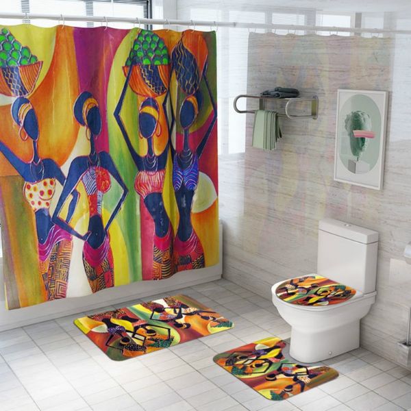 Set 4pcs cilé de style rideau de douche de style exotique salle de bain étanche rideau de toilette de toilettes à coussin avec 12 crochets 304f