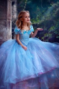 Cendrillon-Bleu Fille Pageant Dress 2022 Ballgown Off-Shoulder Organza Petit Enfant Anniversaire Robe De Soirée Formelle Toddler Teens Preteen Fleur Filles Robes Papillon