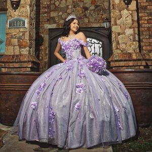Cendrillon lavande brillant Quinceanera robes perlée formelle bal 3D fleurs robes De remise De diplôme princesse robes De 15 Anos 2024