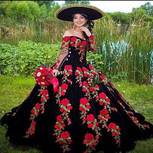 Vestido de baile mexicano de Cenicienta, vestido de princesa para quinceañeras, bordado Floral rosa, manga larga, dulces 16 vestidos para 15 anos