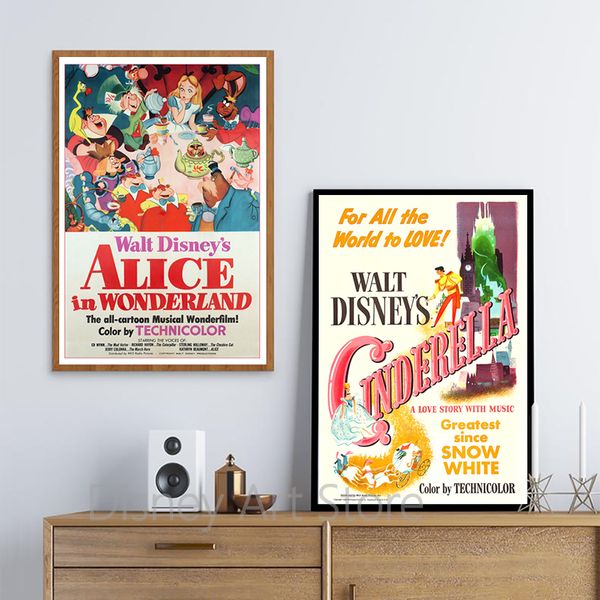 Cenderella print 50s American Animated Musical Fantasy Film Poster, Alice in Wonderland Vintage Movie Poster Canvas Paintings