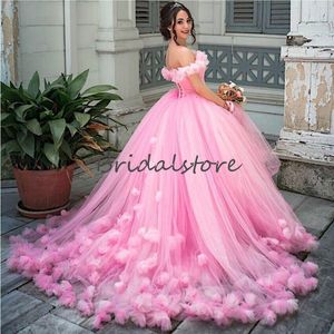 Cindrella Quinceanera Jurken 2020 Roze Off The The Shoulder Handmade Floral Flower Ball Gown Prom Reception Jurk Corset Puffy Sweet 16