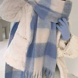 Kreis-Gaze-Karo-blauer Schal für Studentinnen, koreanische Version, Mohair heilt Herbst und Winter, vielseitig, verdickt, warm