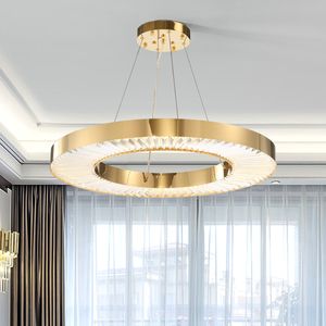 Cercle LED Lustre Éclairage Pour Salon Or Moderne Pendentif En Cristal Lampe Chambre En Acier Poli Anneau Lustres De Cristal