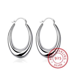 Círculo liso en forma de U gran aro para mujer 925 plata identificar pendientes ovalados marca europea joyería de regalo de moda