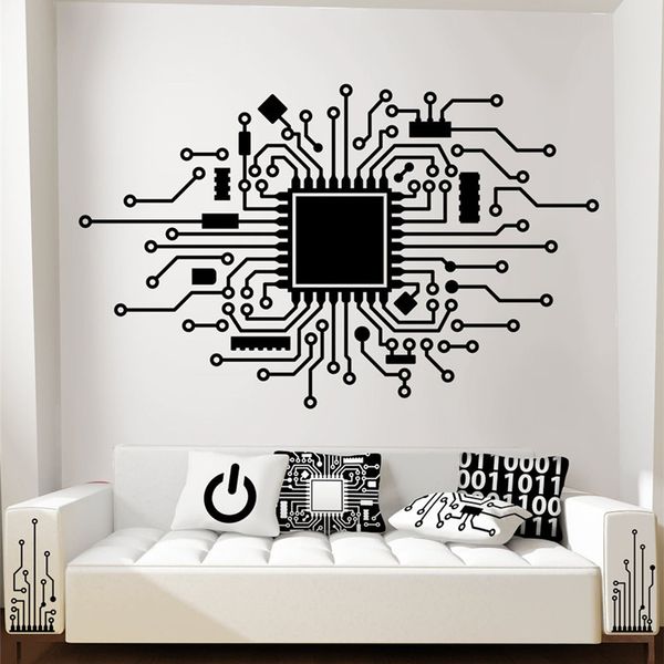 Circuit imprimé sticker mural IT ordinateur CPU puce jeu technologie réseau société bureau chambre décoratif art vinyle décalque B2