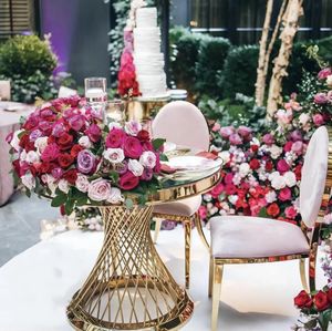 Fabricant de meubles de mariage circulaires dorés, table d'extérieur avec un gâteau en acier inoxydable, mariage 025