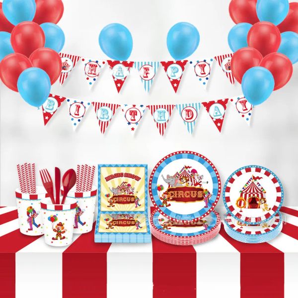 Circus Birtday Party Supplies Carnival Cake Topper Paper Cups Plate Invitations suspendues Sacs de faveur Paignes Baby Shower Decor