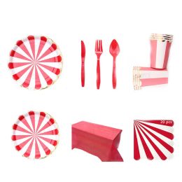 Circus Verjaardagsfeest Decor Red Wit gestreepte wegwerp Draaggerei Sets Borden Cups Pe TableCloth Napkin Messen Forks Supplies