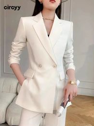 Circyy femmes costumes ensembles de bureau automne à manches longues Double boutonnage Blazer manteau taille haute jambe large pantalon blanc tenues 240108