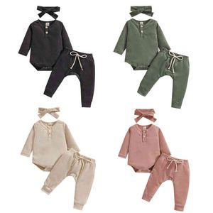 Citgeett herfst pasgeborene babyjongens meisjes kleding sets solide lange mouwen romper tops elastische broek hoofdband veerpak j220711