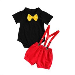 Citgeett Summer Baby Boys 2 -delige herenkleding Set korte mouw vlinderdas Solid Romper Suspenders Korte broek Set J220711