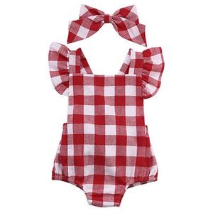 Citgeett été né infantile enfants bébé fille rouge Plaid barboteuse combinaison rouge avec bandeau tenue vêtements 018M SS 220707