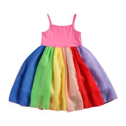 Citgeett Zomer Kids Baby Meisjes Regenboog Kleur Sling Dress Mouwloze Hoge Taille Sundress Clothes Q0716