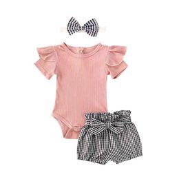 Citgeett Summer Solid 3pcs Infant Girl Outfits Set Short Sleeve Ruffle Romper + Plaid Shorts + Bow Headband Cloths G220310