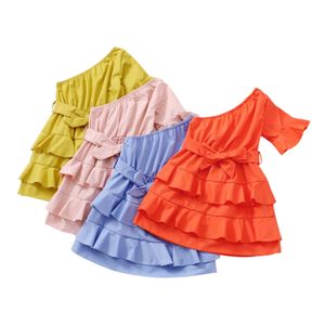 Citgeett été couleur unie enfants filles une épaule manches évasées robe en couches ceinture vêtements 1-7 ans Q0716