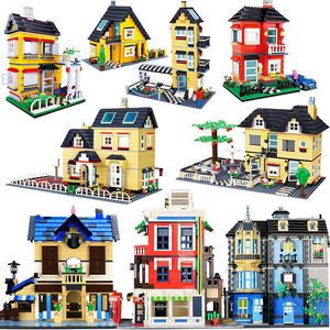 Arquitectura de la ciudad Villa Cottage Modelo Building Blocks Compatible Friends Beach Hut Modular Home House Village Construction Toys Q0624