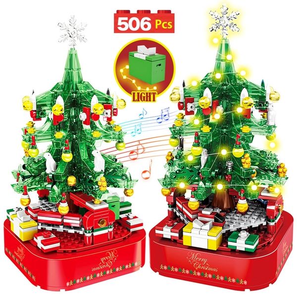 Ciudad Árbol de Navidad Caja de música giratoria Bloques de construcción Amigos Papá Noel Luz LED Brillante Ladrillos de Navidad Juguetes para niños Niñas 220715