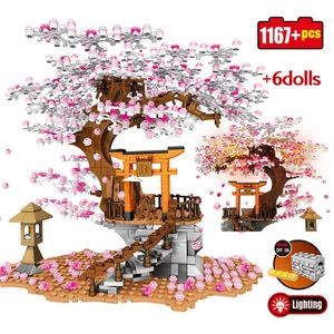 Stad Vrienden Street View Idee Sakura Stall Inari Shrine Bricks Cherry Blossom Landscape House Bouwstenen speelgoed voor kinderen 220527