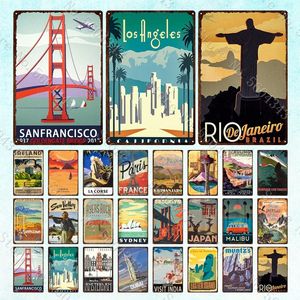 City Landscape Vintage Metal Sign Paris San Francisco Los Angeles Dubai Travel Scenery Plaques d'étain Décoration de chambre à la maison