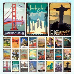 City Landscape Vintage Metal Tin Sign Paris San Francisco Los Angeles Dubai Travel Scene Tin Plates Home Decoration Metal Poster Man Cave Decor Taille 30X20CM w01