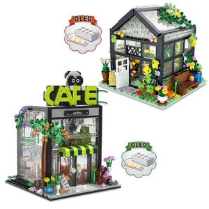 City Street View Creative Coffee Shop House Flower Shop Building Block DIY Architecture Bricks Light Sets Enfants Jouets Filles Cadeaux G220524