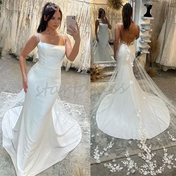 Robe de mariée de plage civile Boho avec traîne en dentelle, bretelles Spaghetti Sexy, robe de mariée de campagne rustique en Satin pour mariée élégante, dos nu, fantaisie bohème