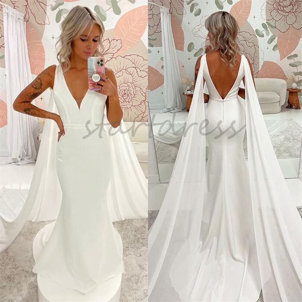 Vestido de novia civil Boho Gatsby Elegante Dubai Árabe Mangas con capa Vestido de novia de playa de sirena 2024 Cuello en V sexy Últimos vestidos de novia de estilo rural británico Novias coreanas