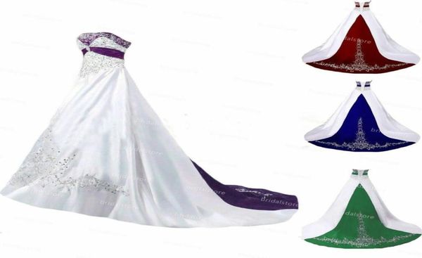 Robes de mariée gothiques civiles blanches et violettes avec broderie Vintage, grande taille, robes de mariée en Satin Country Boho, vert rouge noir Bo7504267