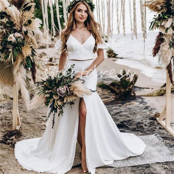 Civil Deux Pièces Boho Robe De Mariée Avec Manches Courtes Élégant Col En V Satin Simple Bohème Plage Robe De Mariée Sexy Dos Nu Robes De Mariée De Novia 2024 Casamento