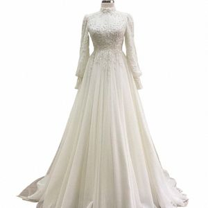 ciynsia elegante kant kralen ivoor bruiloft jurk lg mouwen a-lijn tule bruidsjurk sweep trein moslim gewaad de marie 2024 W2GN #