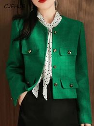 CJFHJE Classic Green Cropped Vestes Tweed Automne Spring Elegant Slim Coat Streetwear Chaqueta Oversize 3xl Fashion Outwear 240506