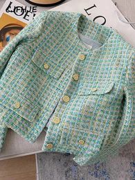 CJFHje Elegant Luxury Green Plaid Tweed Jacket Dames Franse Vintage Spring Autumn Casual Blazers High Street Short Suit Coat 240417