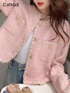 CJFHJE Style coréen Vintage élégant dame Tweed vestes rose à manches longues costume manteau femmes automne hiver court noir Blazers femme 240124